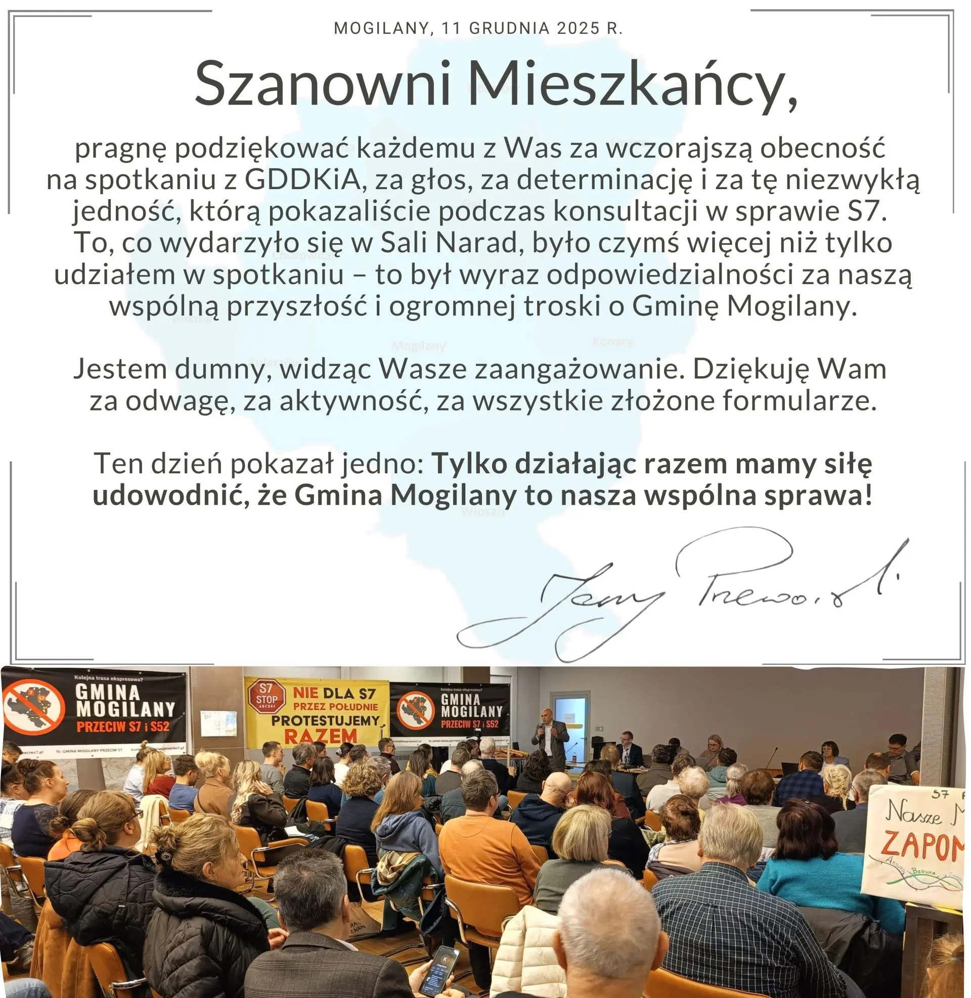 Podziękowanie Wójta Gminy Mogilany po spotkaniu w sprawie konsultacji przebiegu drogi S7.M.