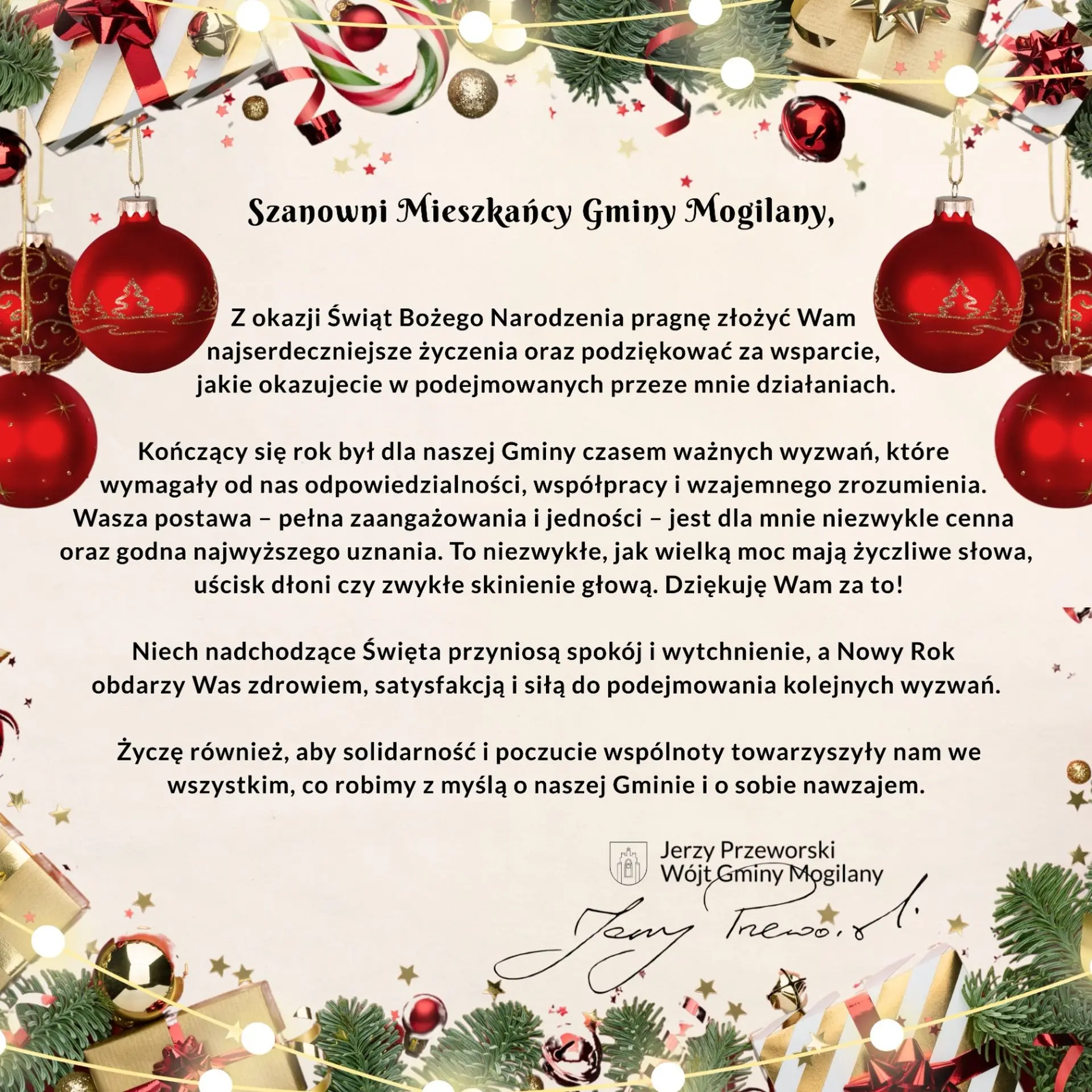 Życzenia Świąteczne Wójta Gminy Mogilany