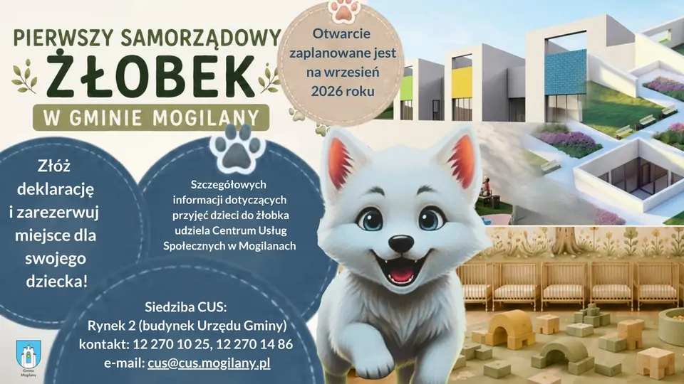 plakat informujący o zapisach wraz z wizualizacją żłobka i danymi kontaktowymi do Centrum Usług Społecznych